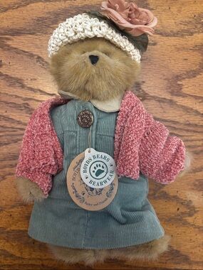 Tagged Boyds Bears Bailey Bear Plush in Green Corduroy Dress with Pink Cardigan